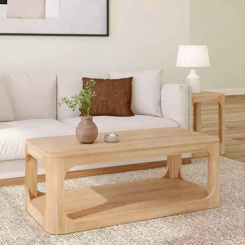 Solid Wood 48" Modern Rectangular Coffee Table with Storage Shelf