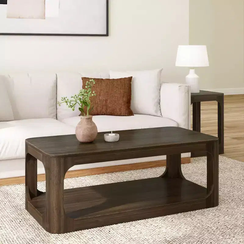 Solid Wood 48" Modern Rectangular Coffee Table with Storage Shelf