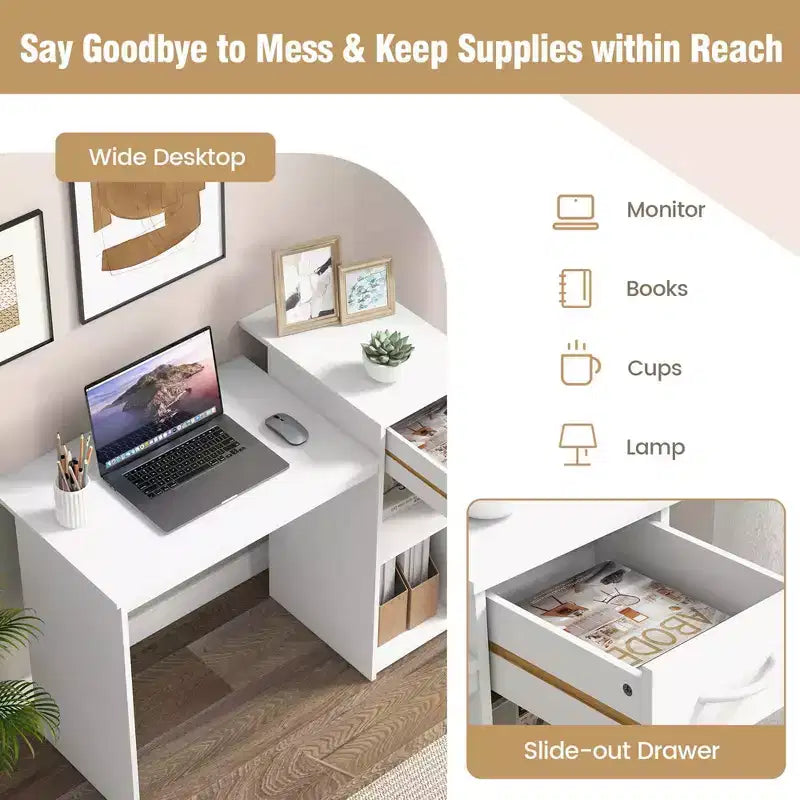 Costway Computer Desk with Drawer Modern Laptop PC Desk with Adjustable Shelf & Cable Hole