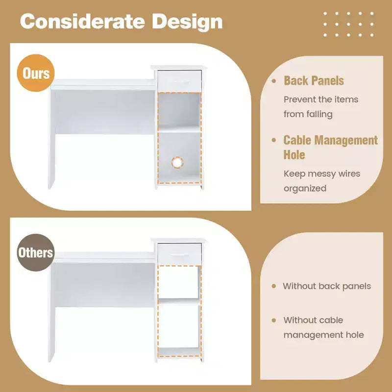 Costway Computer Desk with Drawer Modern Laptop PC Desk with Adjustable Shelf & Cable Hole